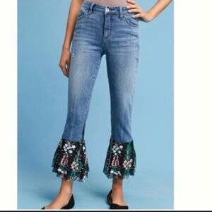 Anthropologie Pilcro and the Letterpress Flare Flounce Floral Hem Jeans Size‎ 30